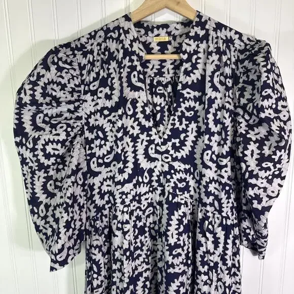 Matta Vayu Dress Batik Nandini Print Blue Maxi Dress M Maxi Puffy Sleeves - Picture 7 of 8